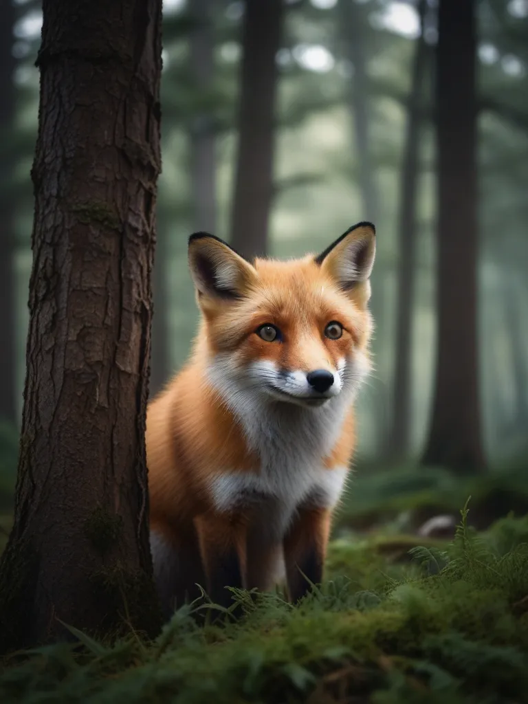 a red fox standing next to a tree in a forest