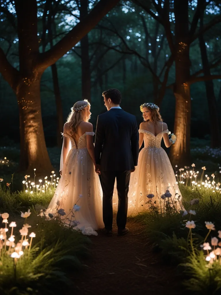 a bride and groom walking through a forest at night