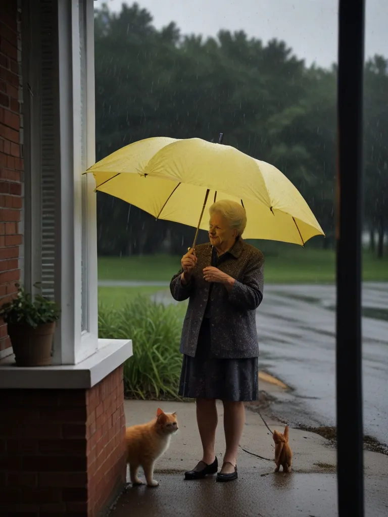 a woman holding a yellow umbrella while standing next to a cat