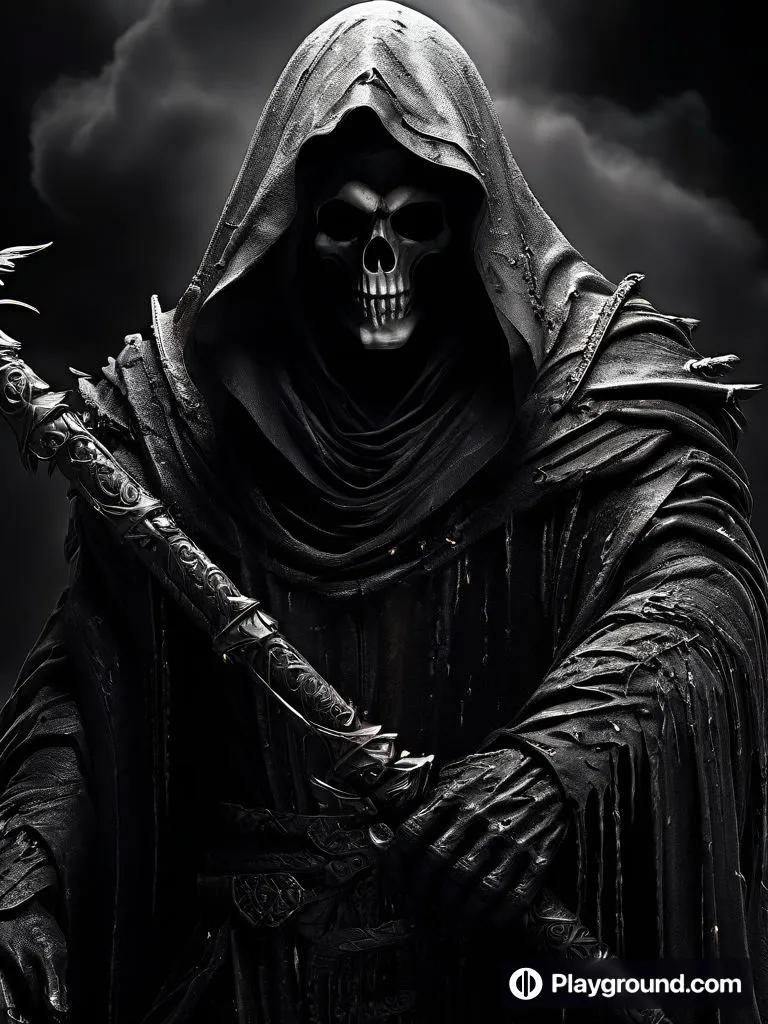 a skeleton wearing a hooded robe and holding a sword