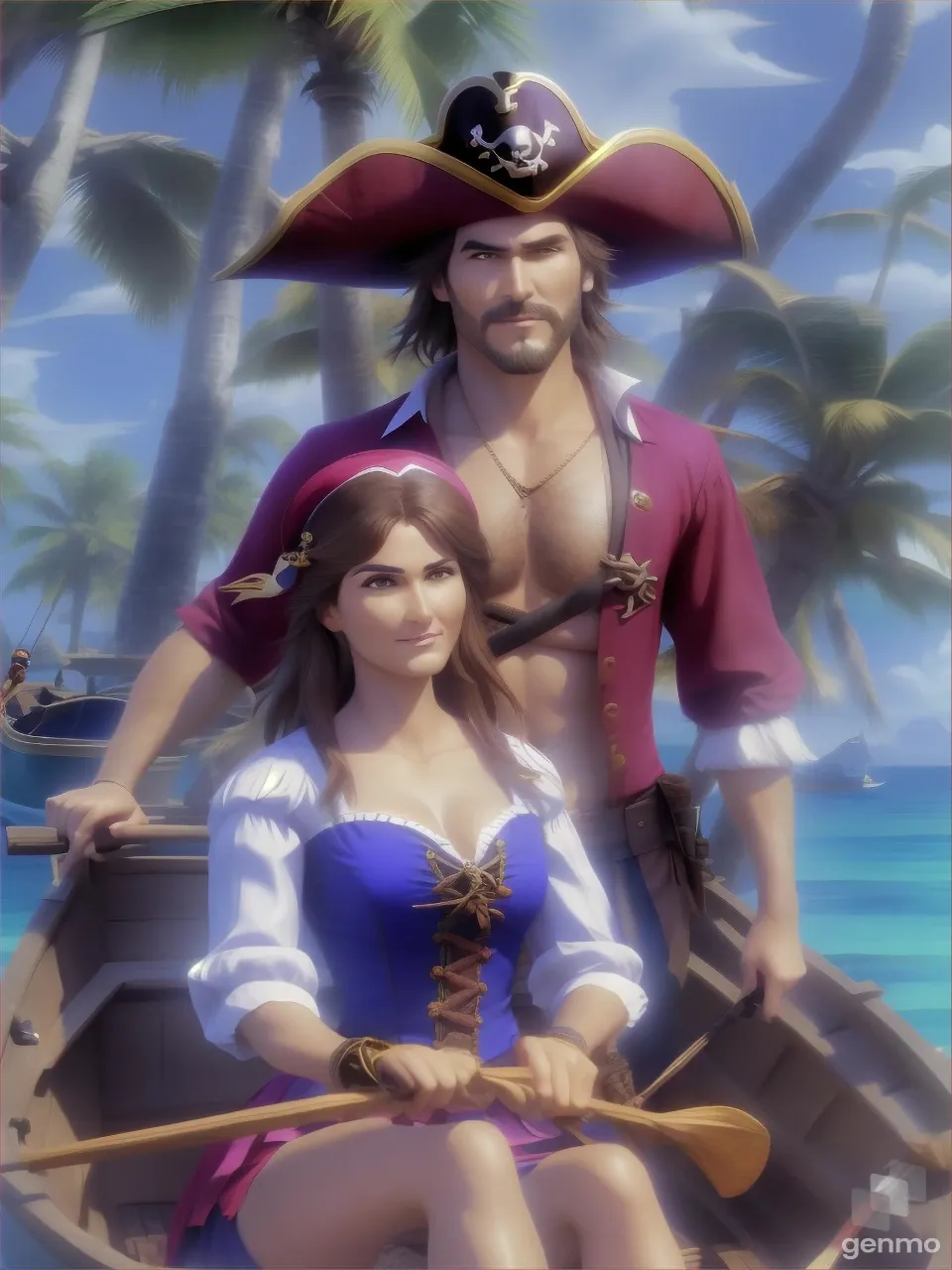 a pretty woman pirate and a serious man pirate are in a rowboat towards a tropical island