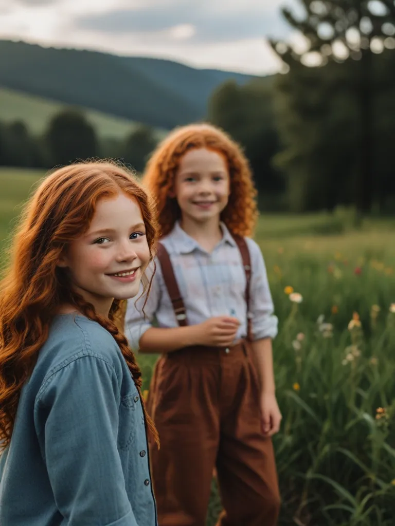 two young girls standing in a field of tall grass