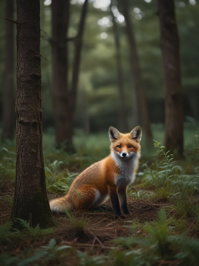 a red fox sitting in the middle of a forest