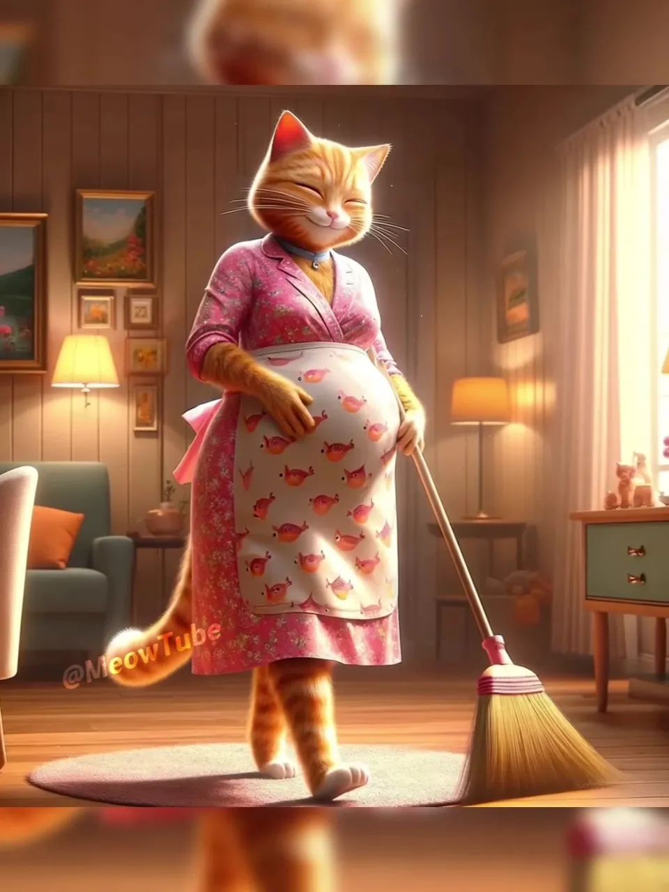 a painting of a cat in a pink dress with a broom