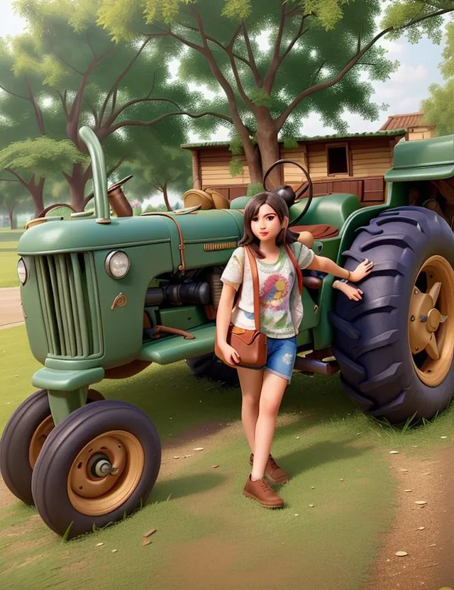 a woman standing next to a green tractor