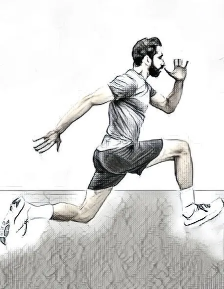 a drawing of a man running on a beach