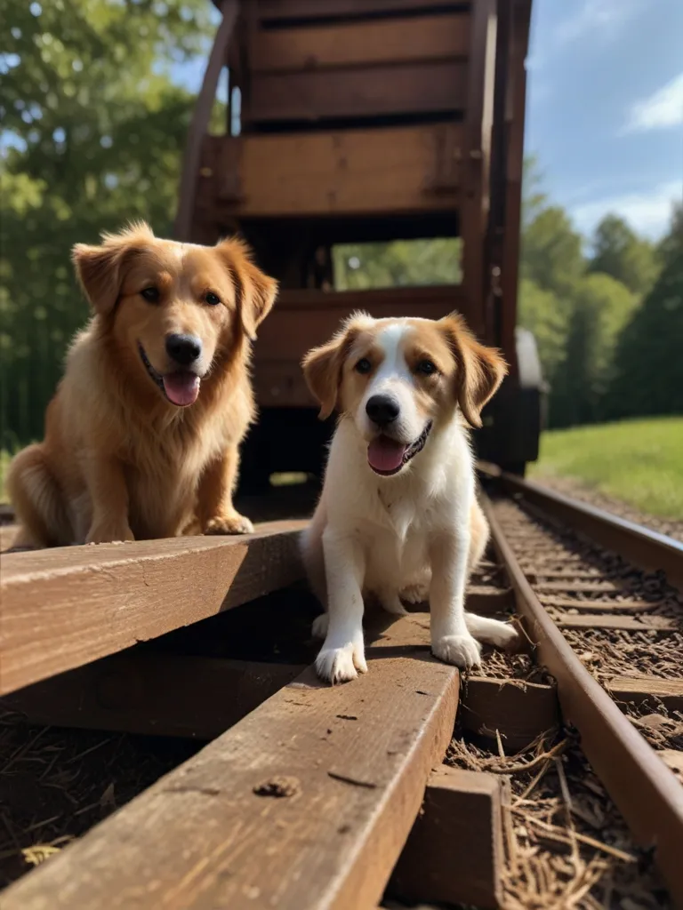 a couple of dogs sitting on top of a train track