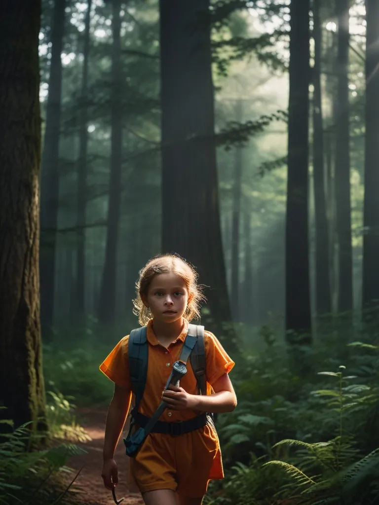 a young girl walking through a forest with a backpack