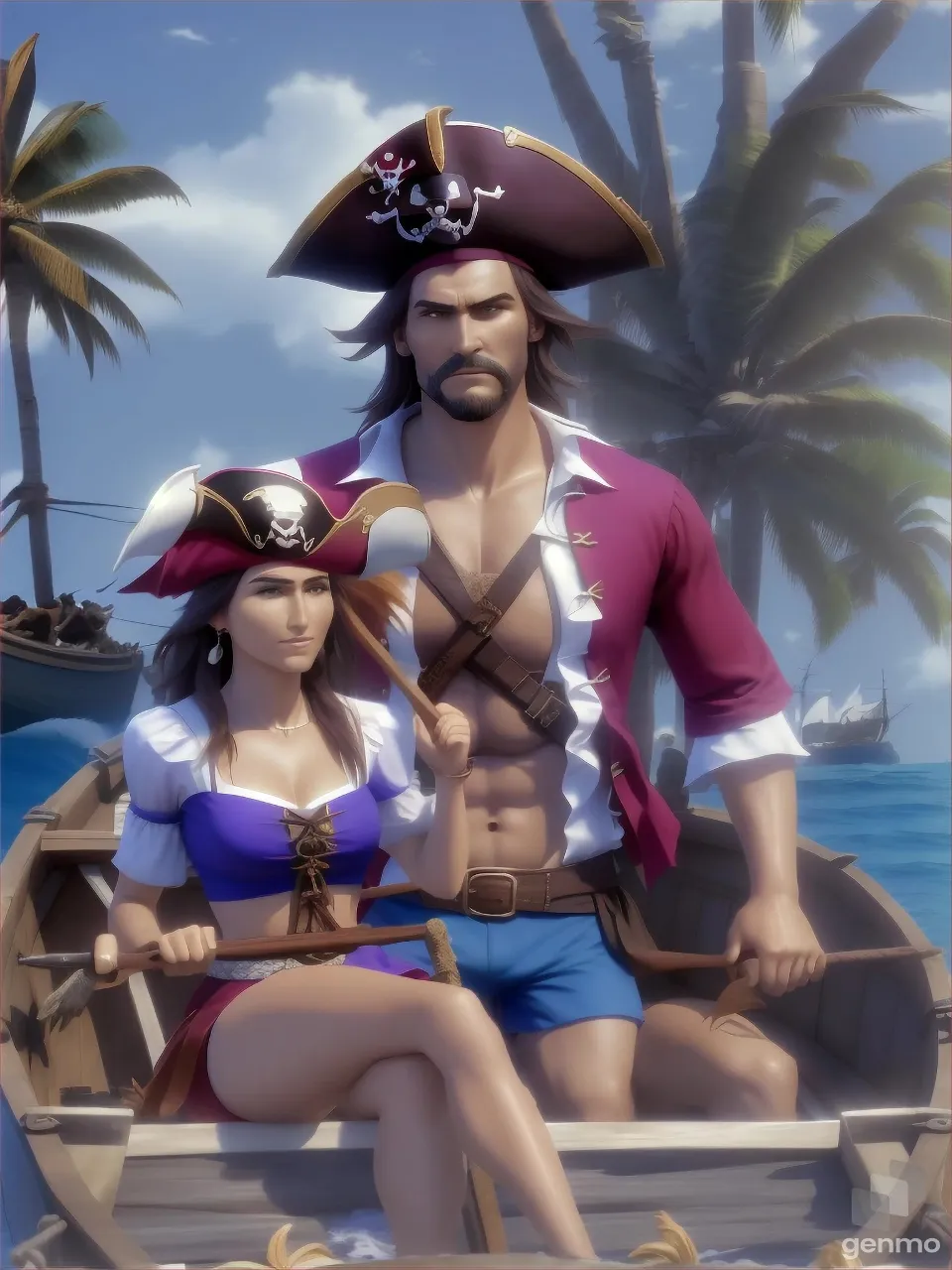 a pretty woman pirate and a dangerous looking man pirate bring the boat near a beach with palm trees