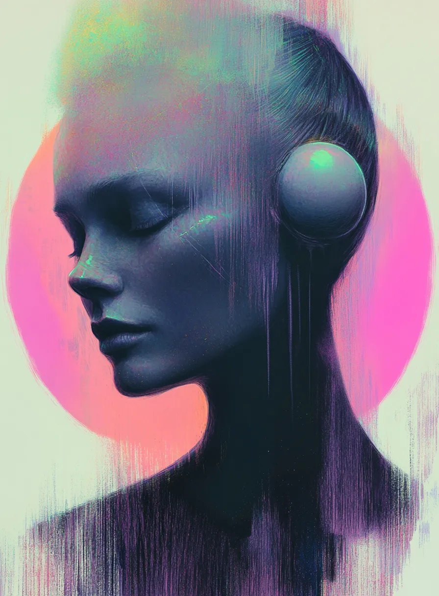 a digital painting of a woman with headphones