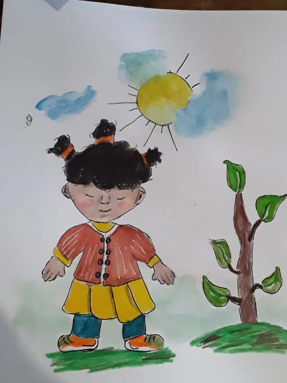 a drawing of a child standing next to a tree.