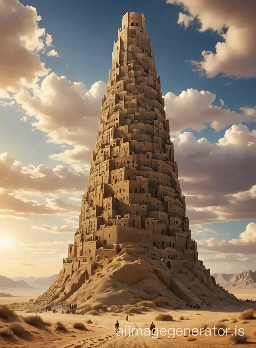 tower of babel with many construction working doing construction on the tower sitting in the middle of a desert