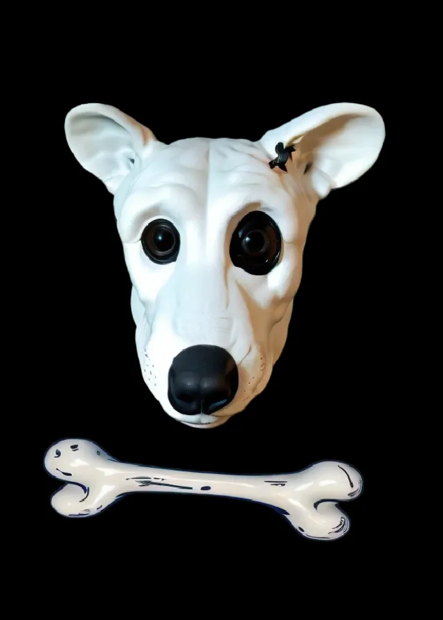 a white dog head with a bone 