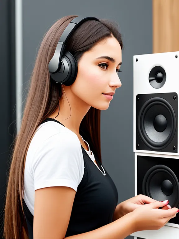 a woman with headphones is looking at a speaker