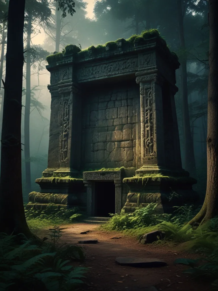 a stone structure in the middle of a forest