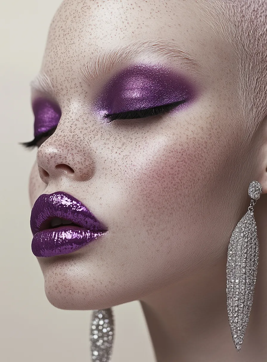 nose, lip, chin, hairstyle, eyebrow, lipstick, eyelash, purple, fashion, eye shadow