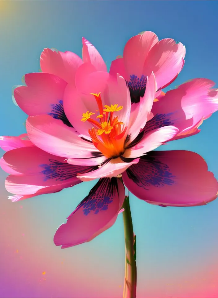 a pink flower with a blue sky in the background