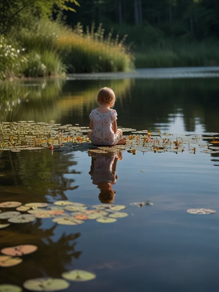 a little girl sitting in the middle of a body of water