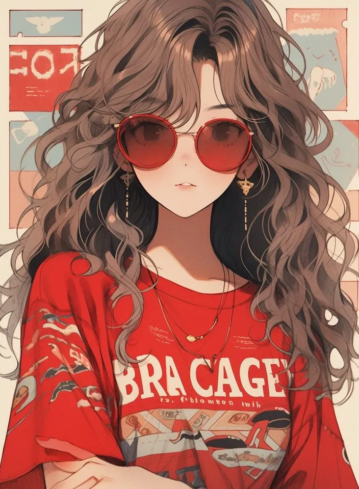 a girl with long hair wearing red sunglasses smile