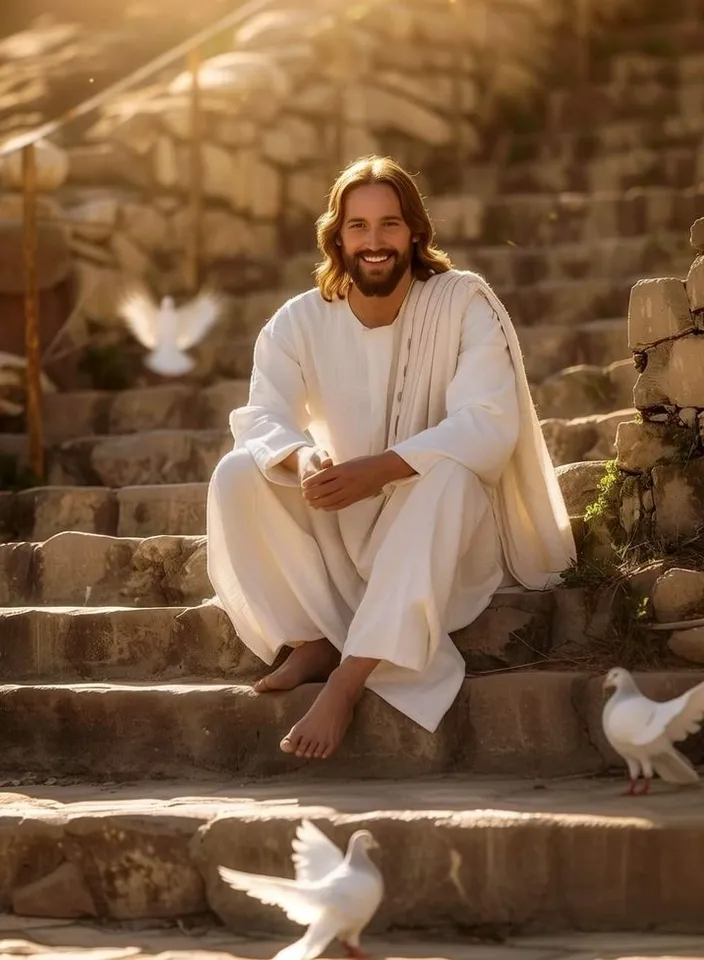 a man sitting on steps next to a flock of birds