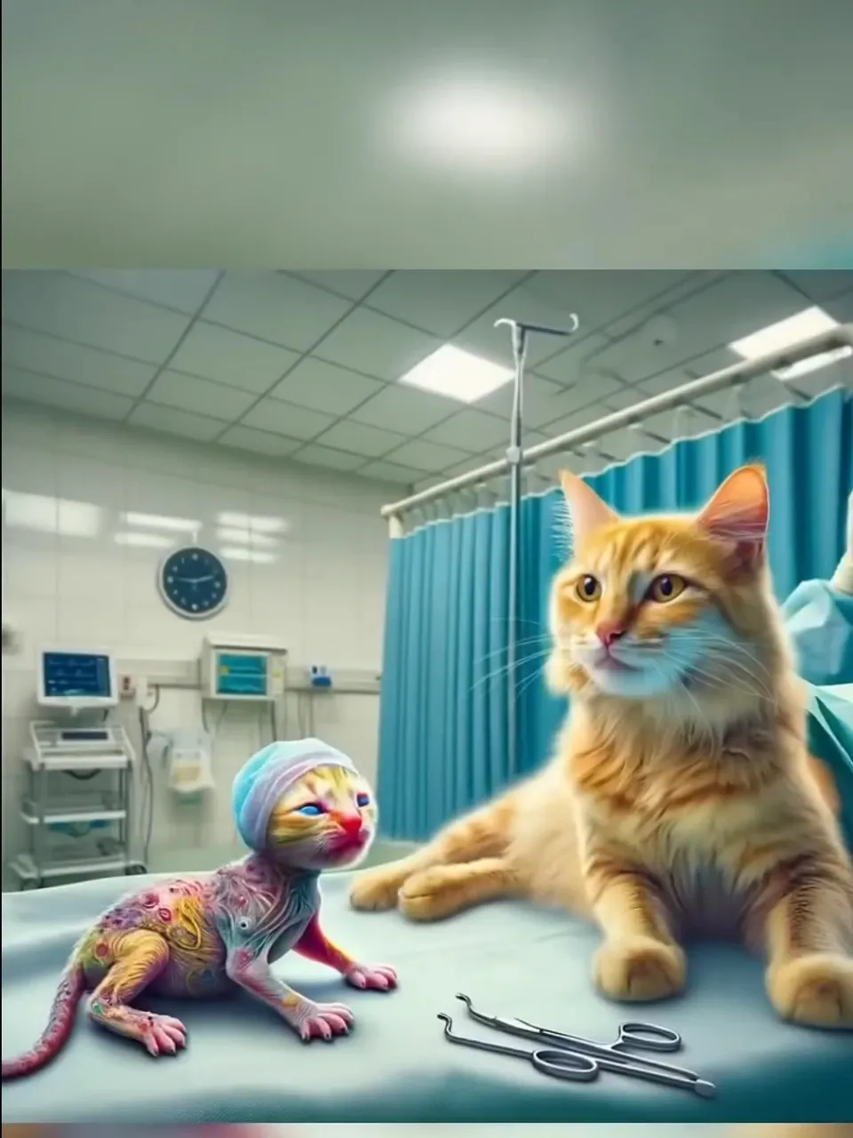 a cat laying on a hospital bed next to a toy