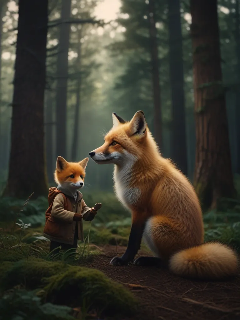 a couple of foxes standing next to each other in a forest