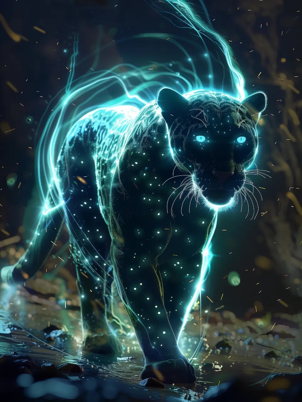 A jaguar composed of electric blue light racing through a gallery