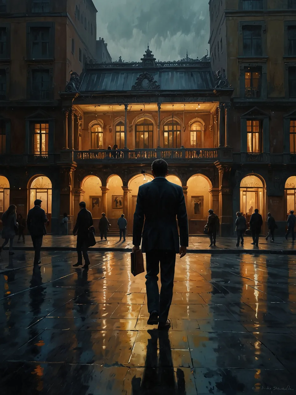 a man in a suit is walking in the rain