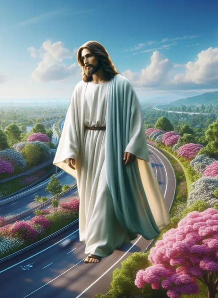 a painting of jesus walking down a road