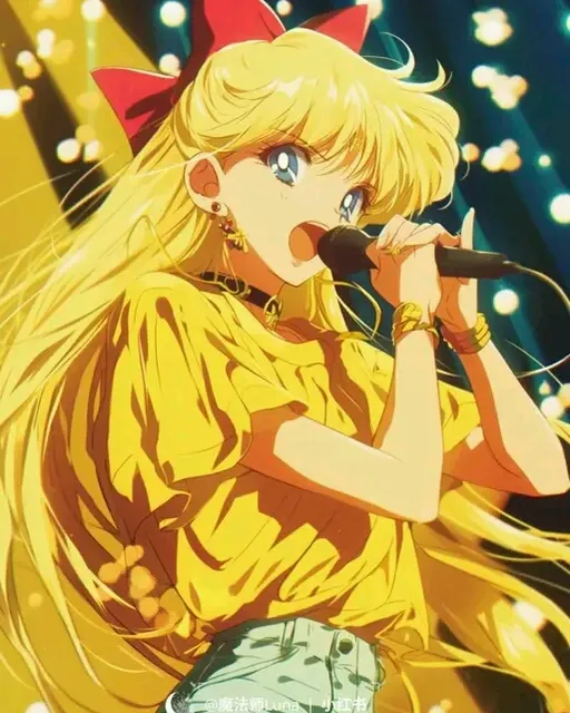 a woman with long blonde hair holding a microphone