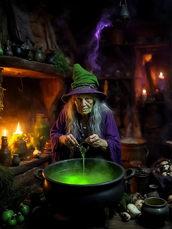 Hot dish cooking on a wood-burning stove with rustic cookware and fiery colors, The magic of making a potion, 