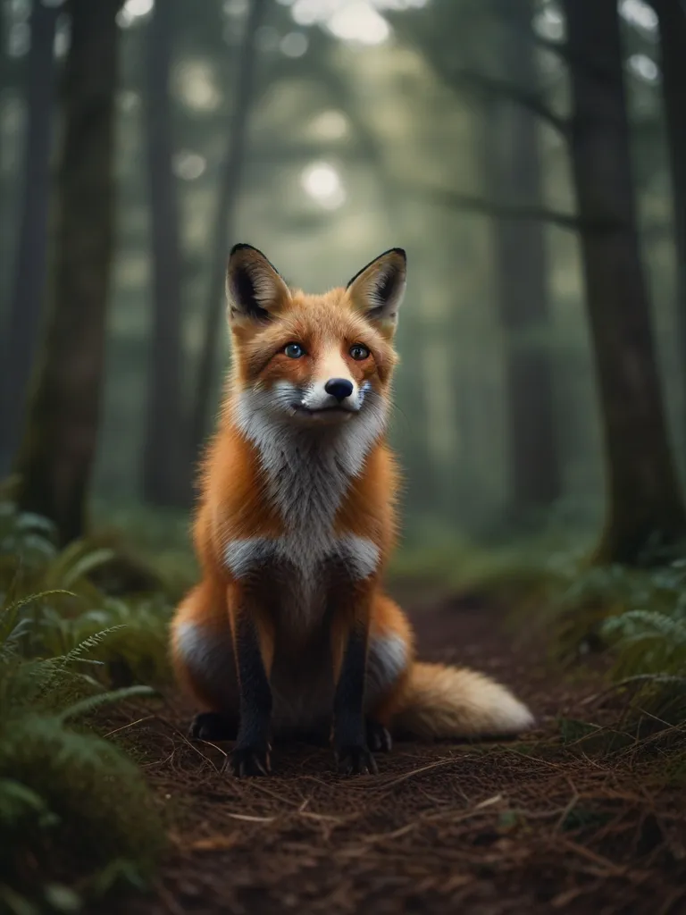 a red fox sitting in the middle of a forest