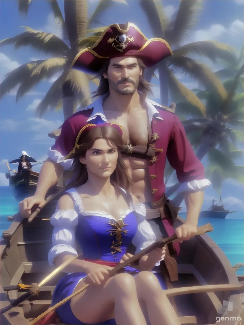 zoom out, a pretty woman pirate and a mean looking man pirate are rowing a rowboat towards a tropical island