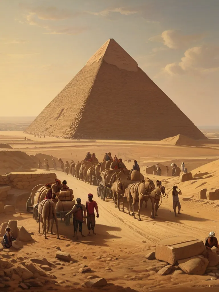 a group of people walking down a dirt road next to a pyramid