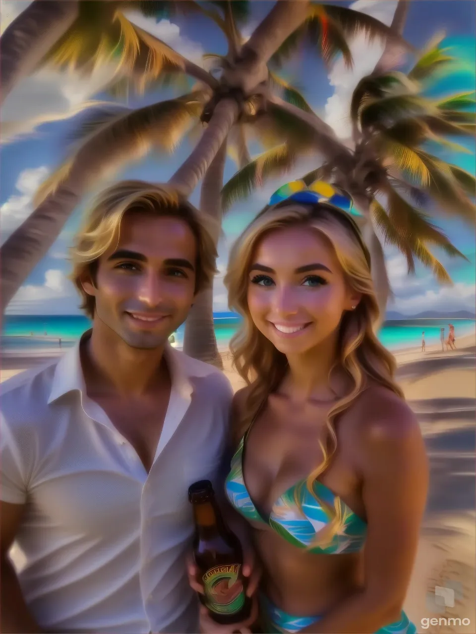 a man and a woman standing next to each other on a beach, wave their hands over their heads to signal