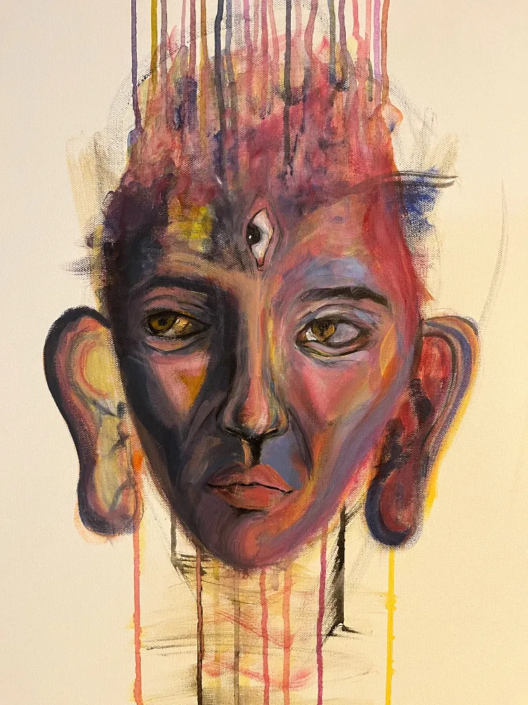 a painting of a man's face with multiple lines coming out of it