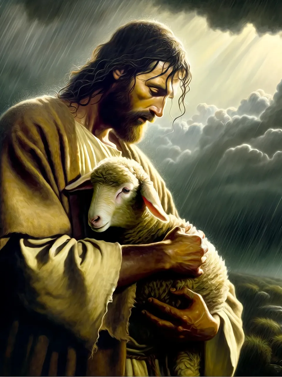 a painting of jesus holding a sheep in the rain