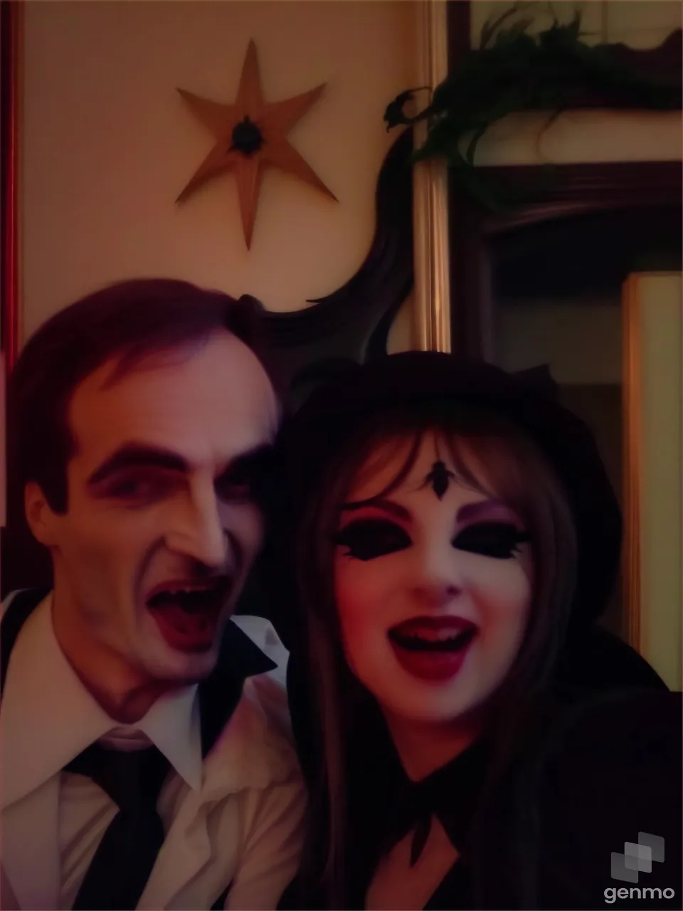 a Vampire man and a beautiful lady Vampirine with a bat on the wall 