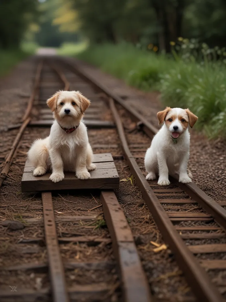 two small dogs sitting on a train track