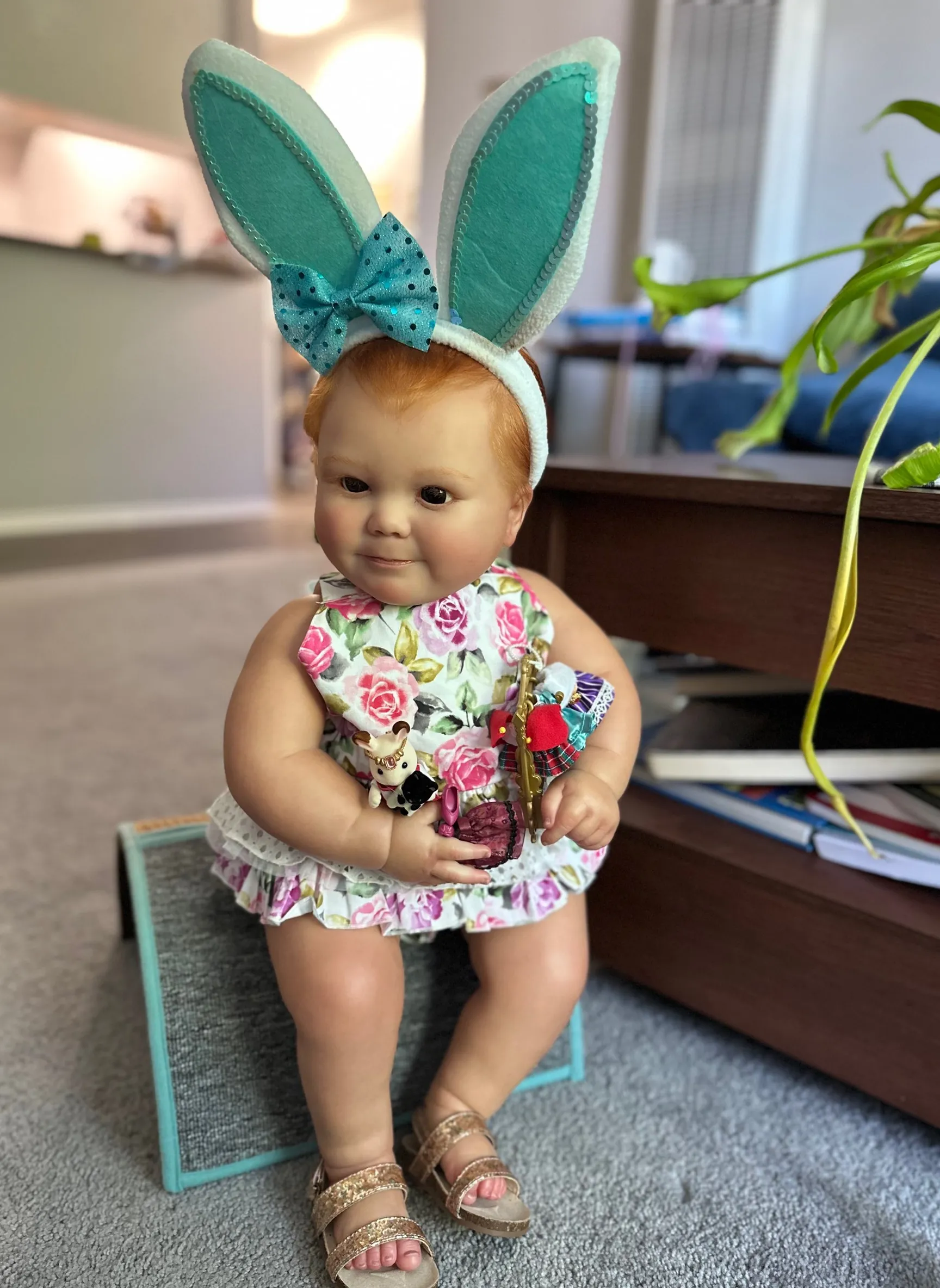 girl holding toys and smiling.
, advertising style