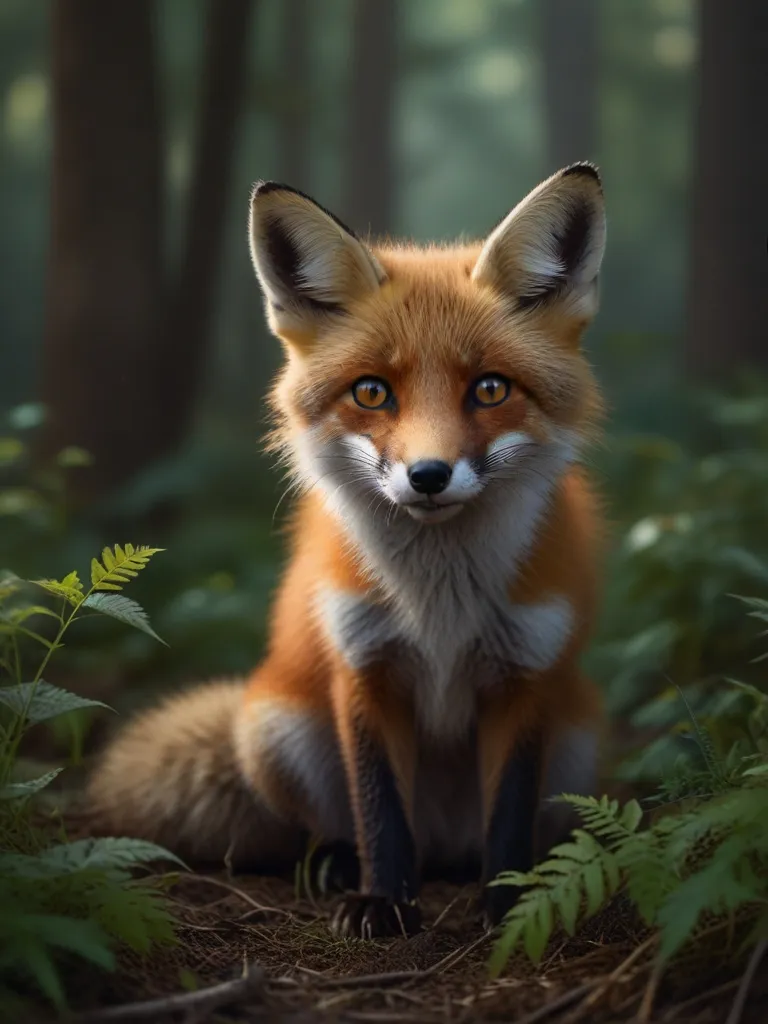 a red fox sitting in the middle of a forest