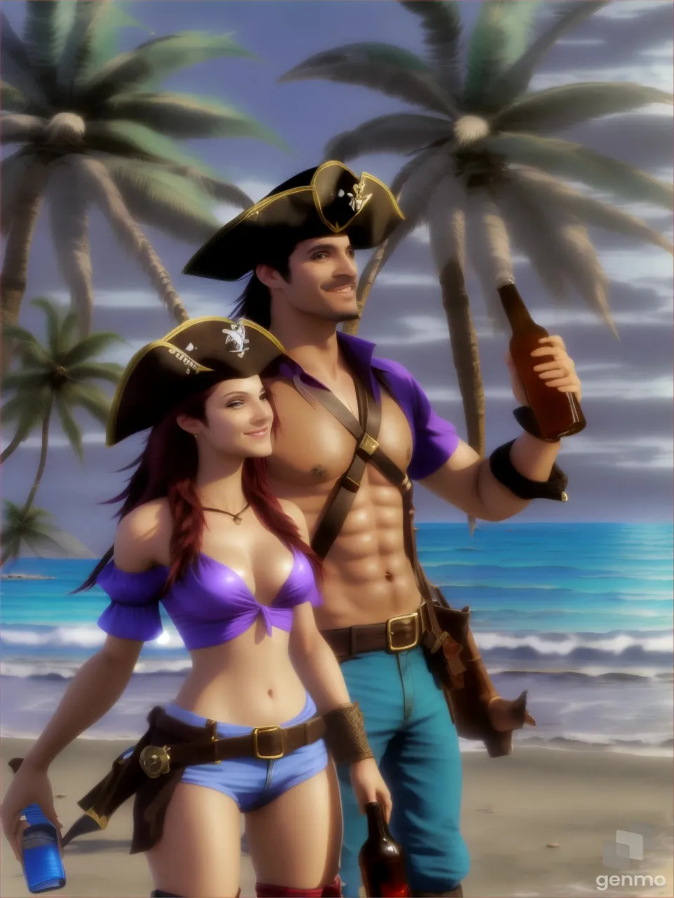 a lady pirate and a man pirate on a deserted beach, hold up bottles of beer to cheers