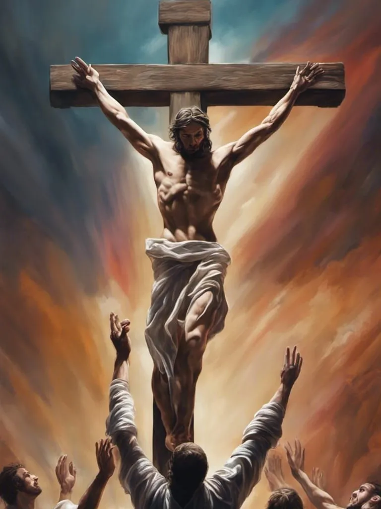 a painting of jesus on the cross surrounded by people
