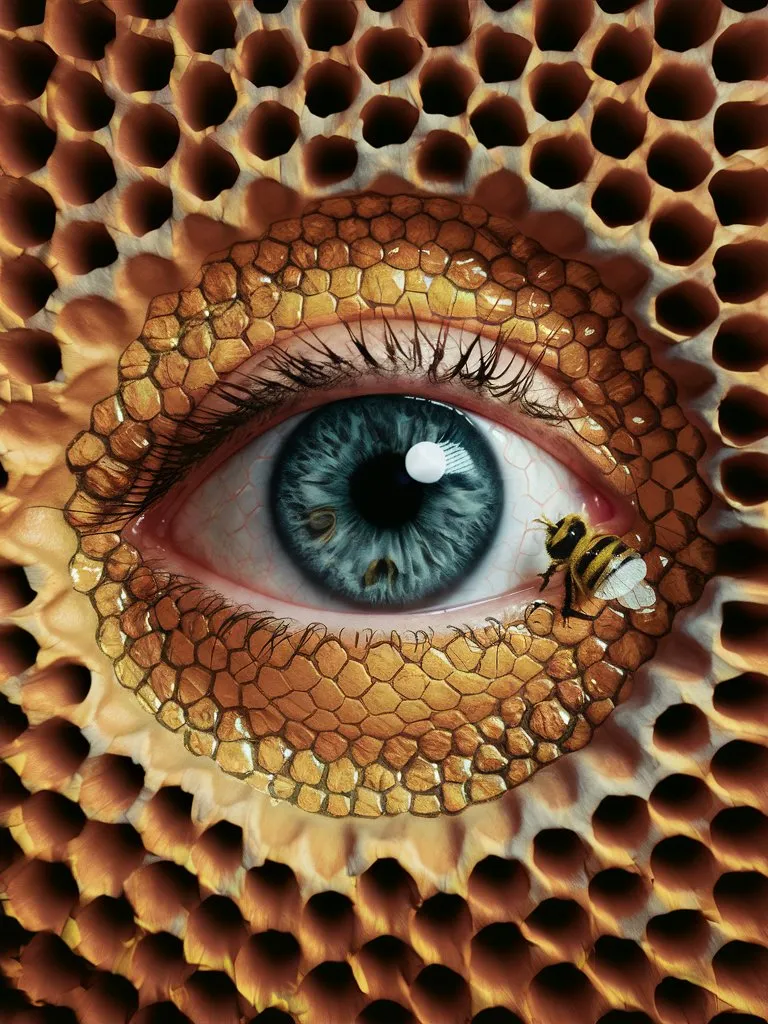 a close up of an eye with a bee on it