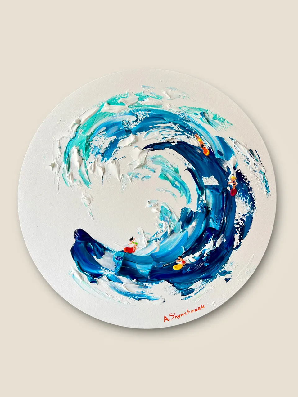 a painting of a blue wave on a white plate