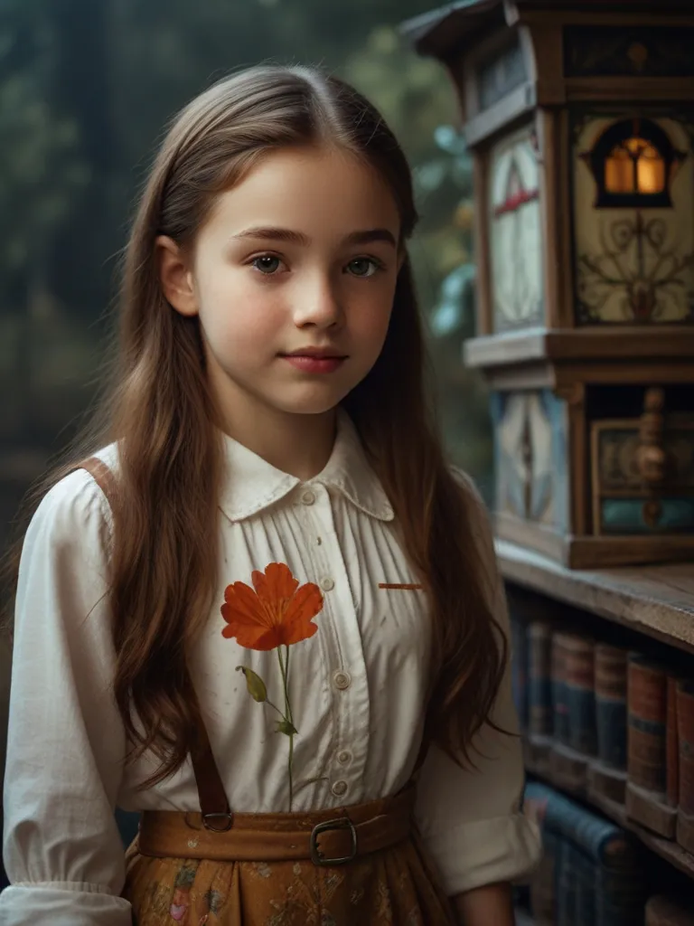 a young girl standing in front of a book shelf