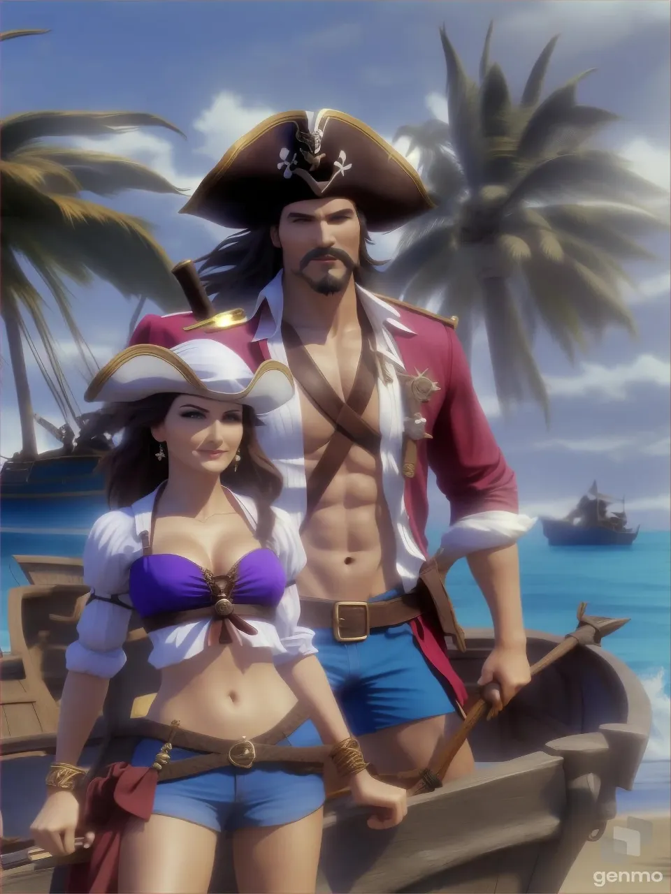 a pretty woman pirate and a dangerous looking man pirate on a beach with palm trees