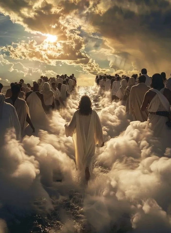 a large group of people walking through clouds