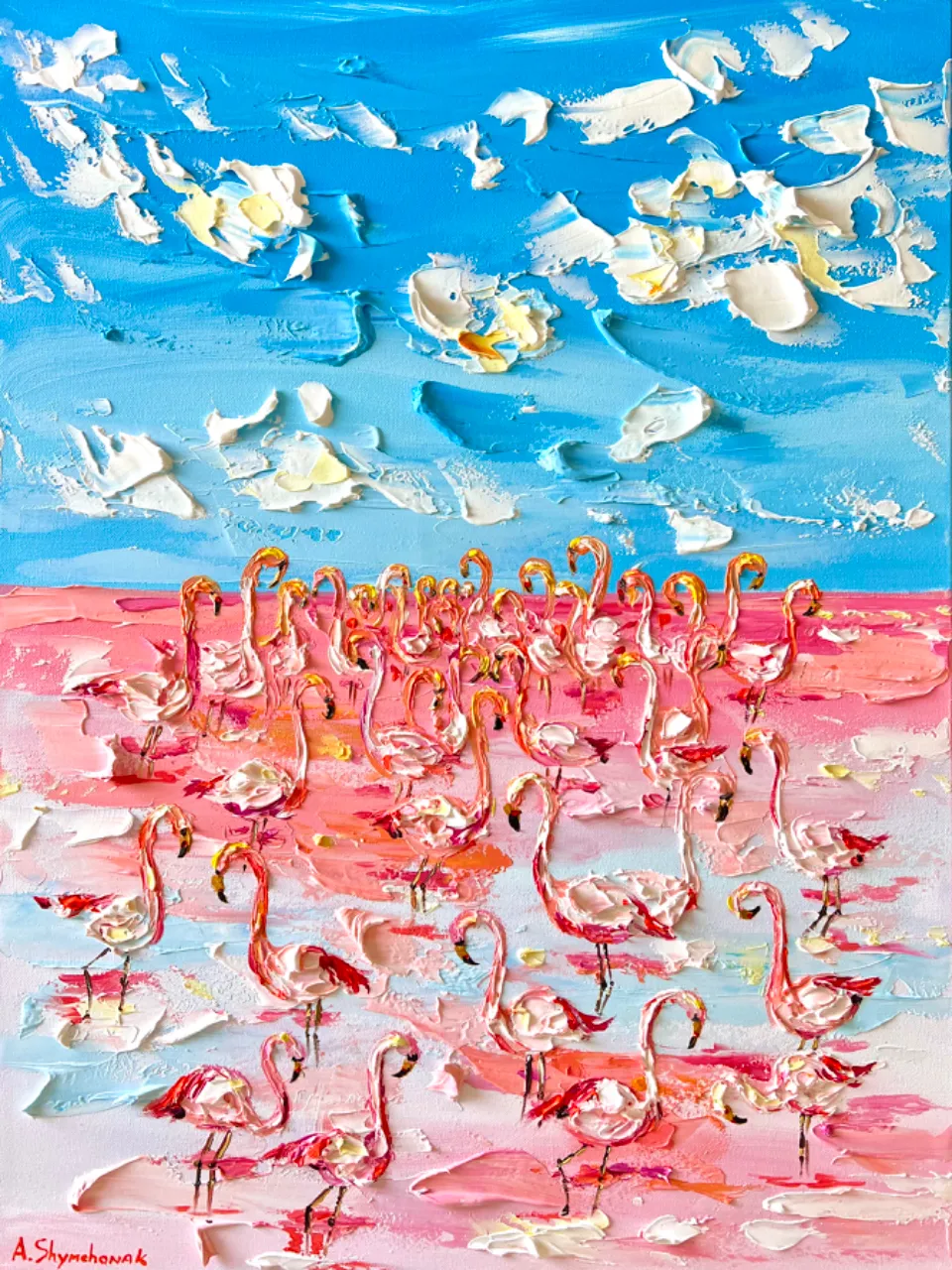 A painting of flamingos wading in crystal-clear water by a pastel-colored sunset on the beach