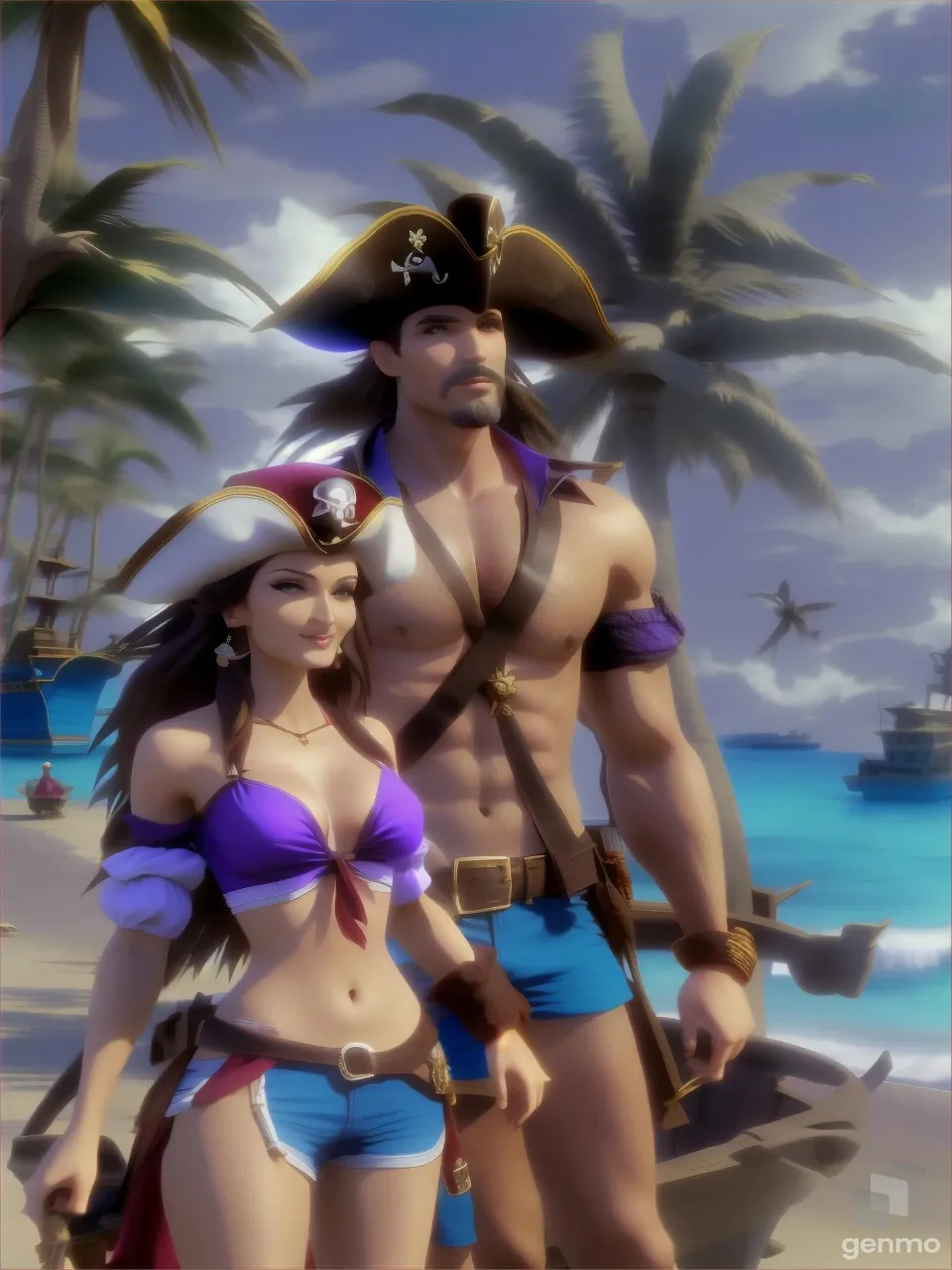 A lady pirate and a man pirate sitting on a deserted beach, surrounded by treasure chests filled with gold doubloons, celebrating with beer and smiles